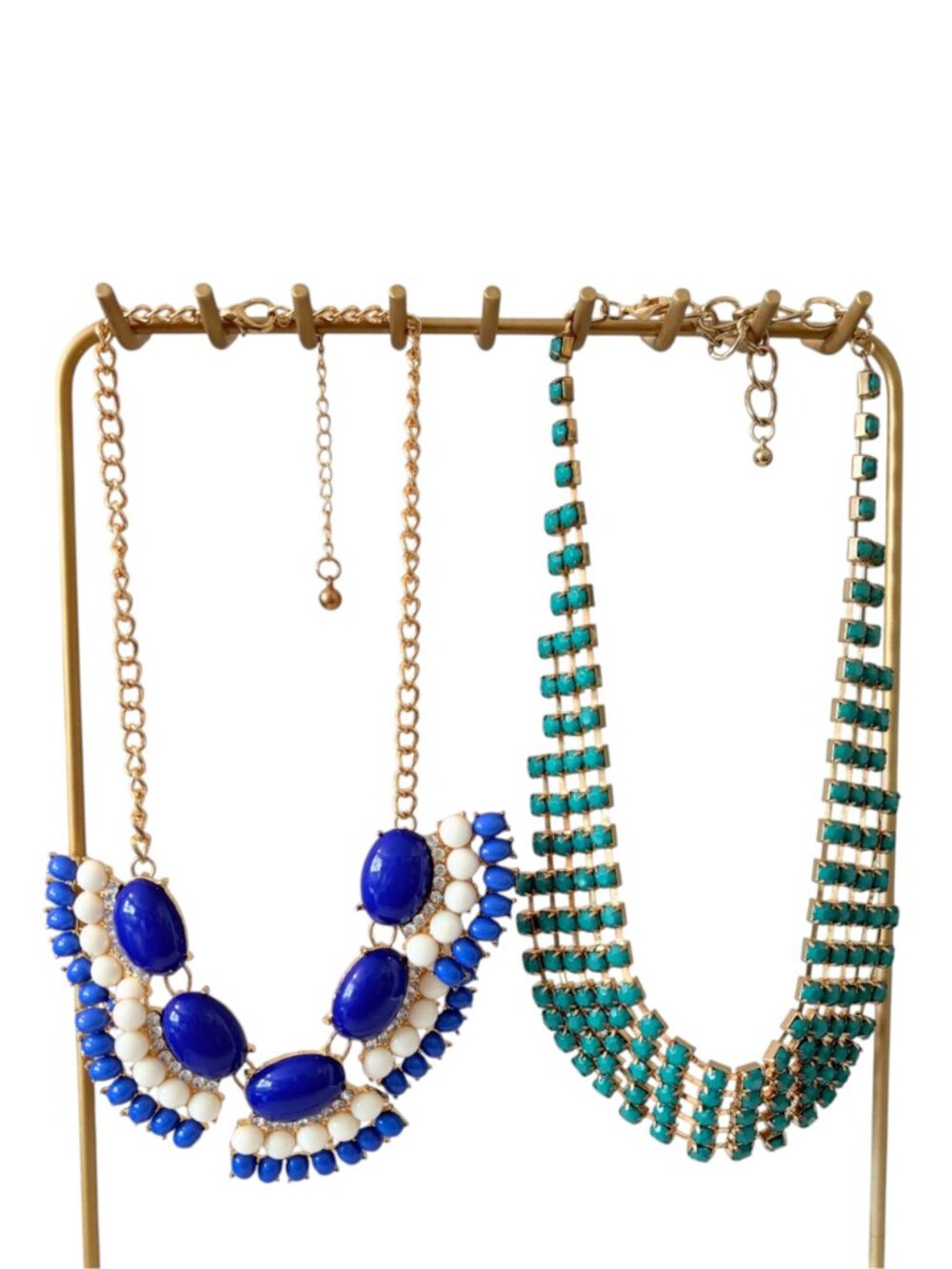 Elegant Statement Necklace Blue, Green, Gold-Tone Set – Adjustable / Gently Used